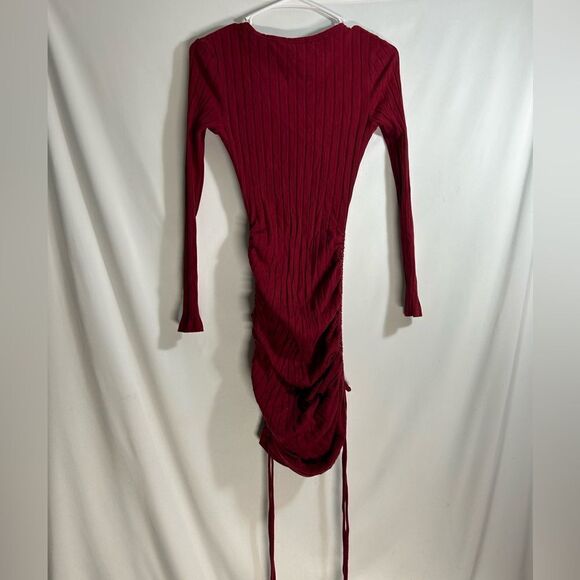 SHEIN Burgundy Rib Knit Drawstring Ruched Bodycon dress Size Small - Picture 3 of 4